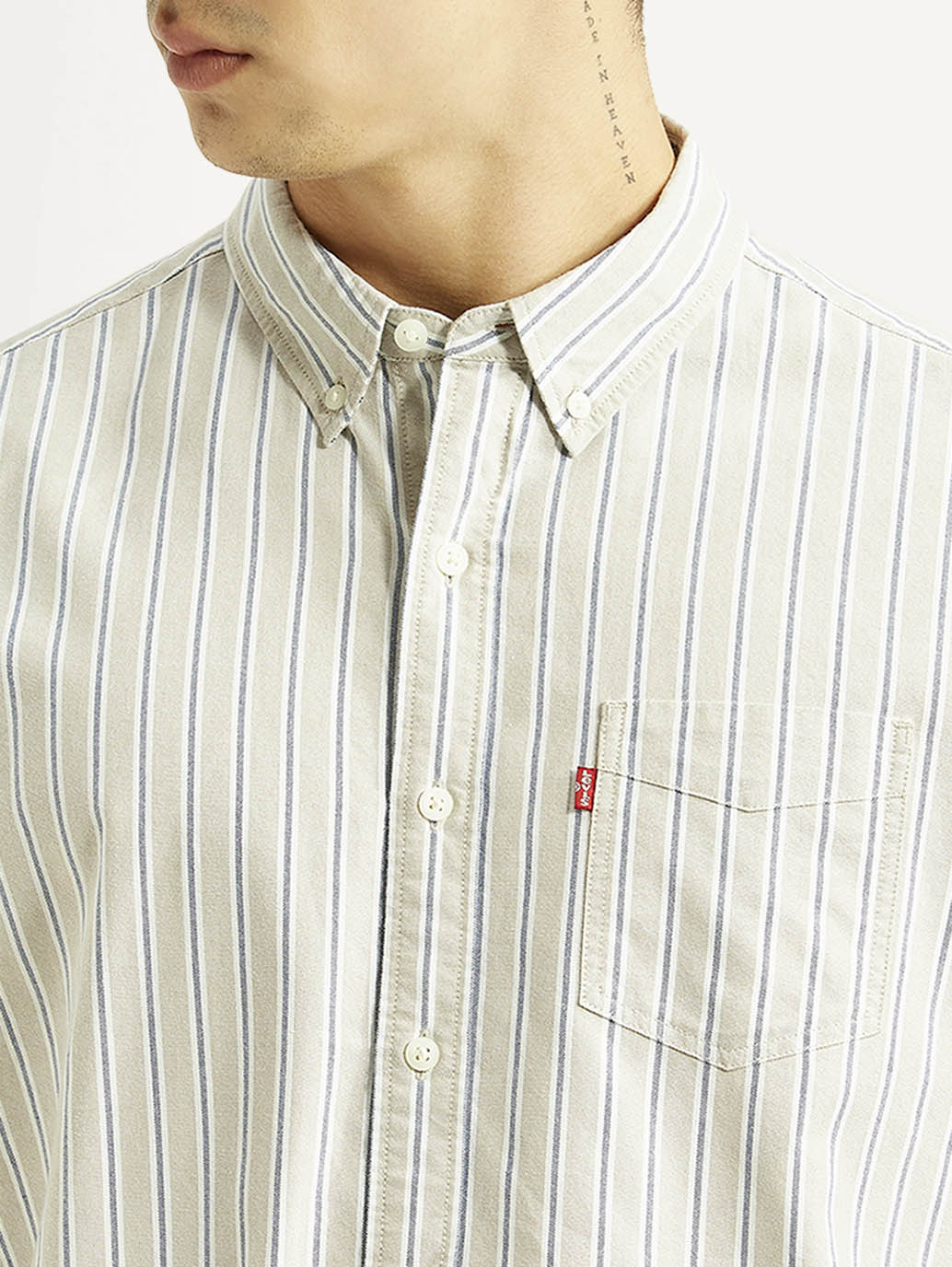 Men's Striped Light Grey Slim Fit Oxford Shirt - Detail View