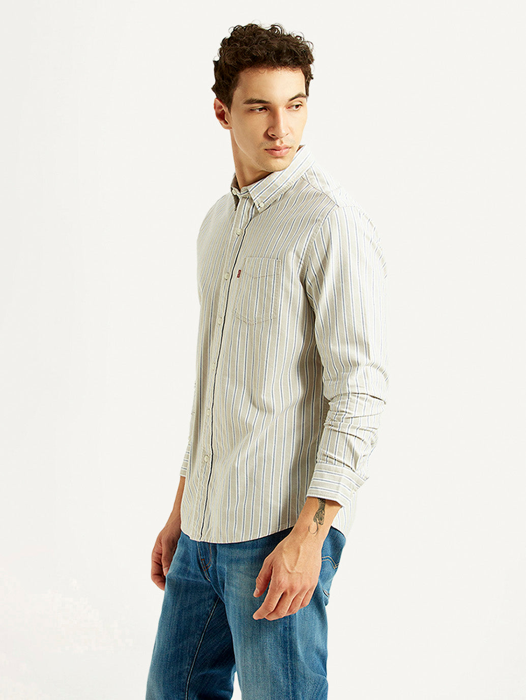 Men's Striped Light Grey Slim Fit Oxford Shirt - Side View
