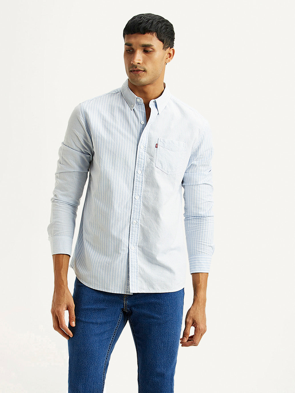 Men's Striped Light Blue Slim Fit Oxford Shirt - Styleshot View