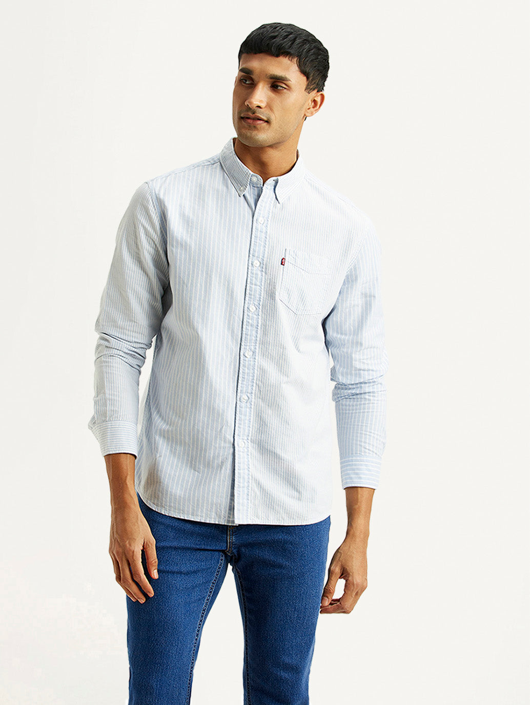 Men's Striped Light Blue Slim Fit Oxford Shirt - Front View