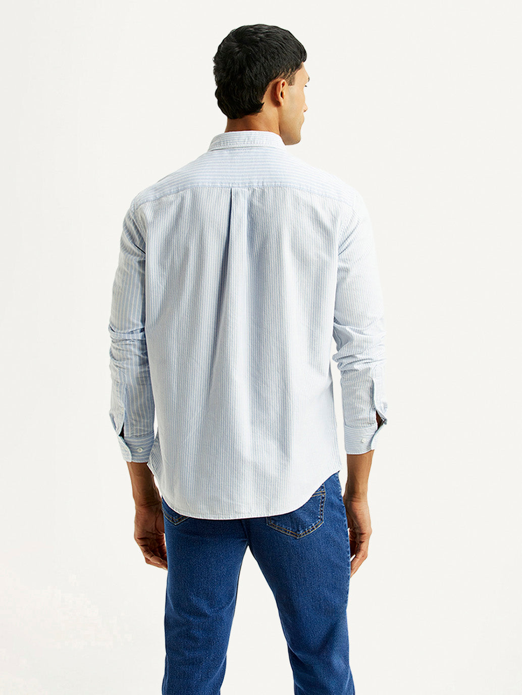 Men's Striped Light Blue Slim Fit Oxford Shirt - Back View
