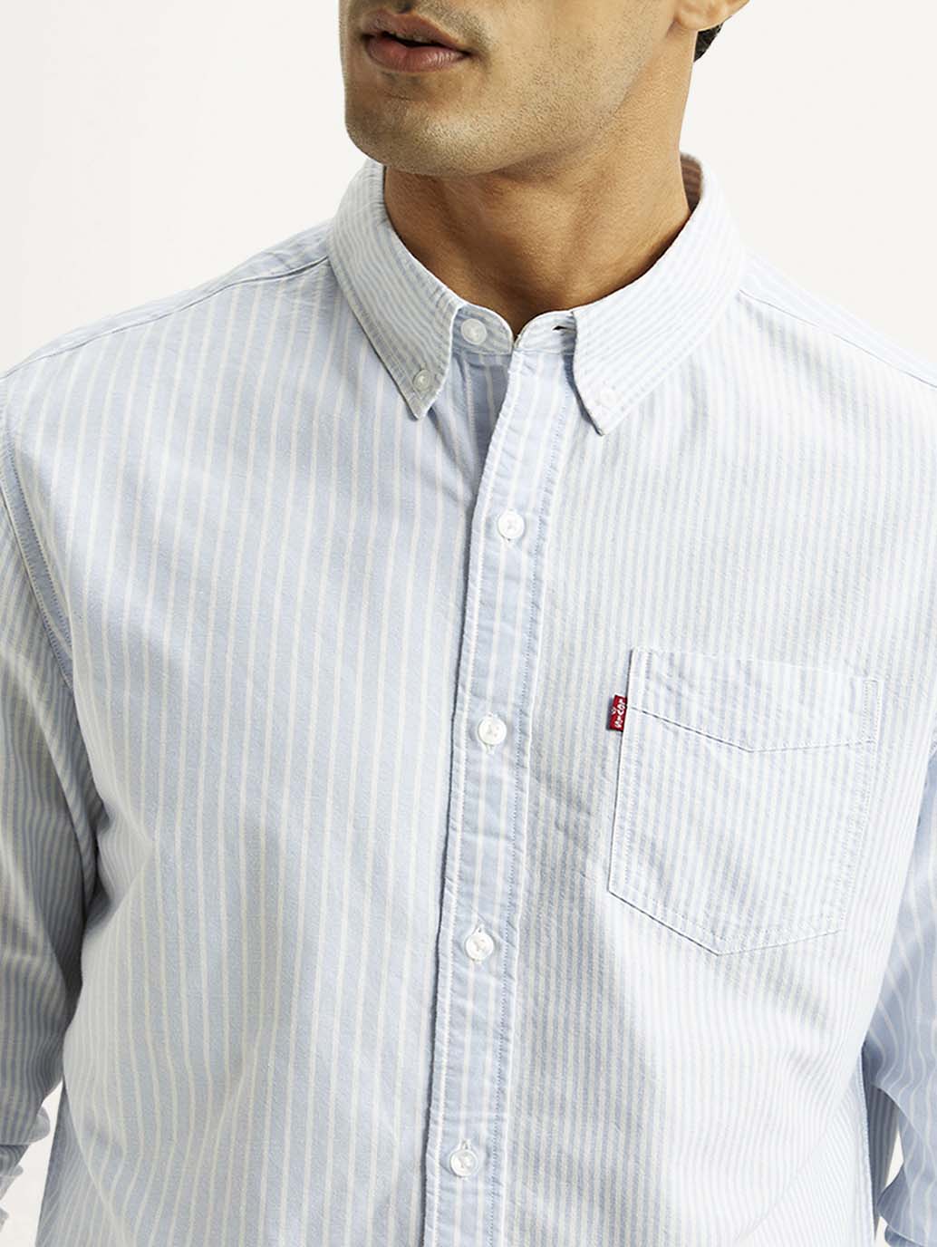 Men's Striped Light Blue Slim Fit Oxford Shirt - Detail View