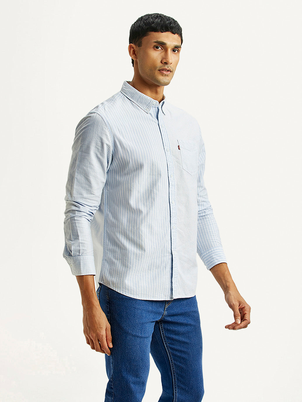 Men's Striped Light Blue Slim Fit Oxford Shirt - Side View