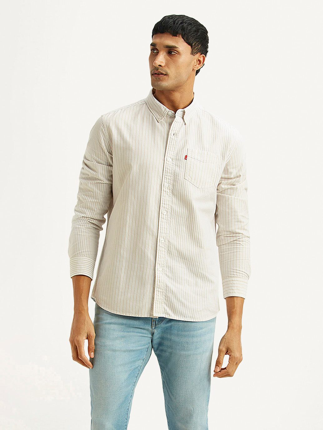 Men's Striped White Slim Fit Oxford Shirt - Styleshot View