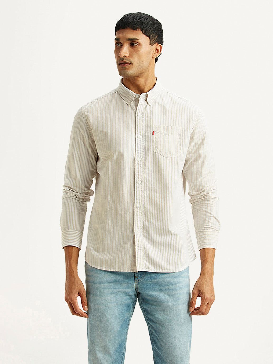 Men's Striped White Slim Fit Oxford Shirt - Front View