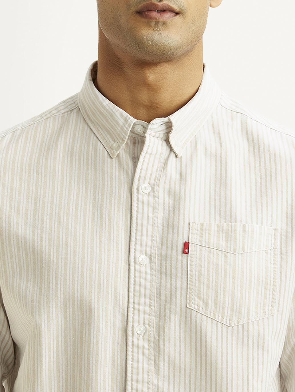Men's Striped White Slim Fit Oxford Shirt - Detail View