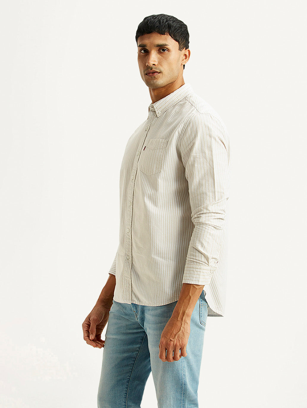 Men's Striped White Slim Fit Oxford Shirt - Side View