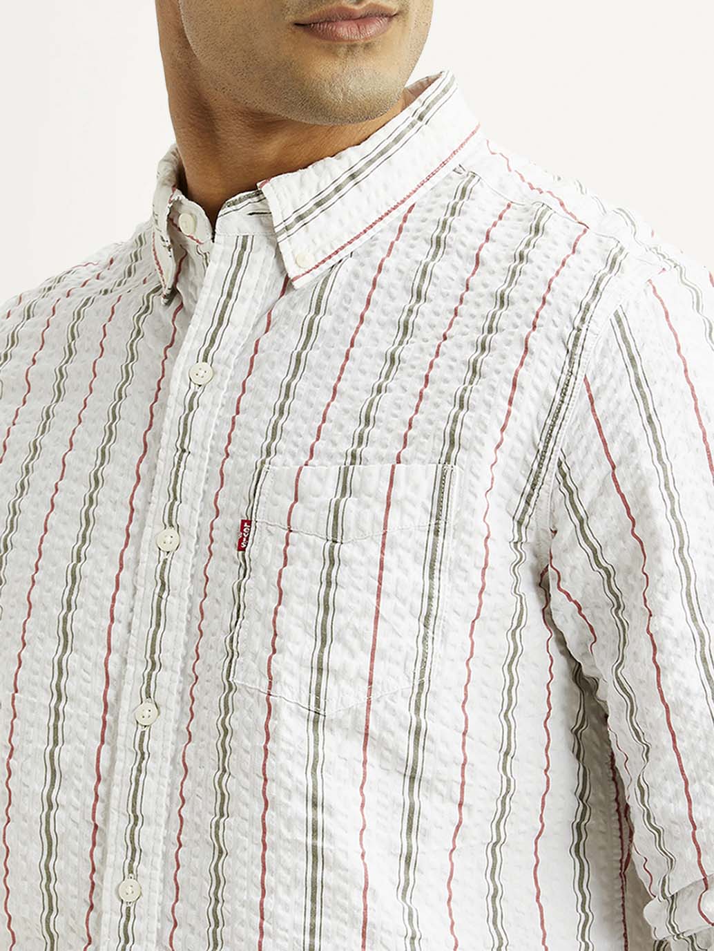 Men's Striped White Slim Fit Shirt - Detail View