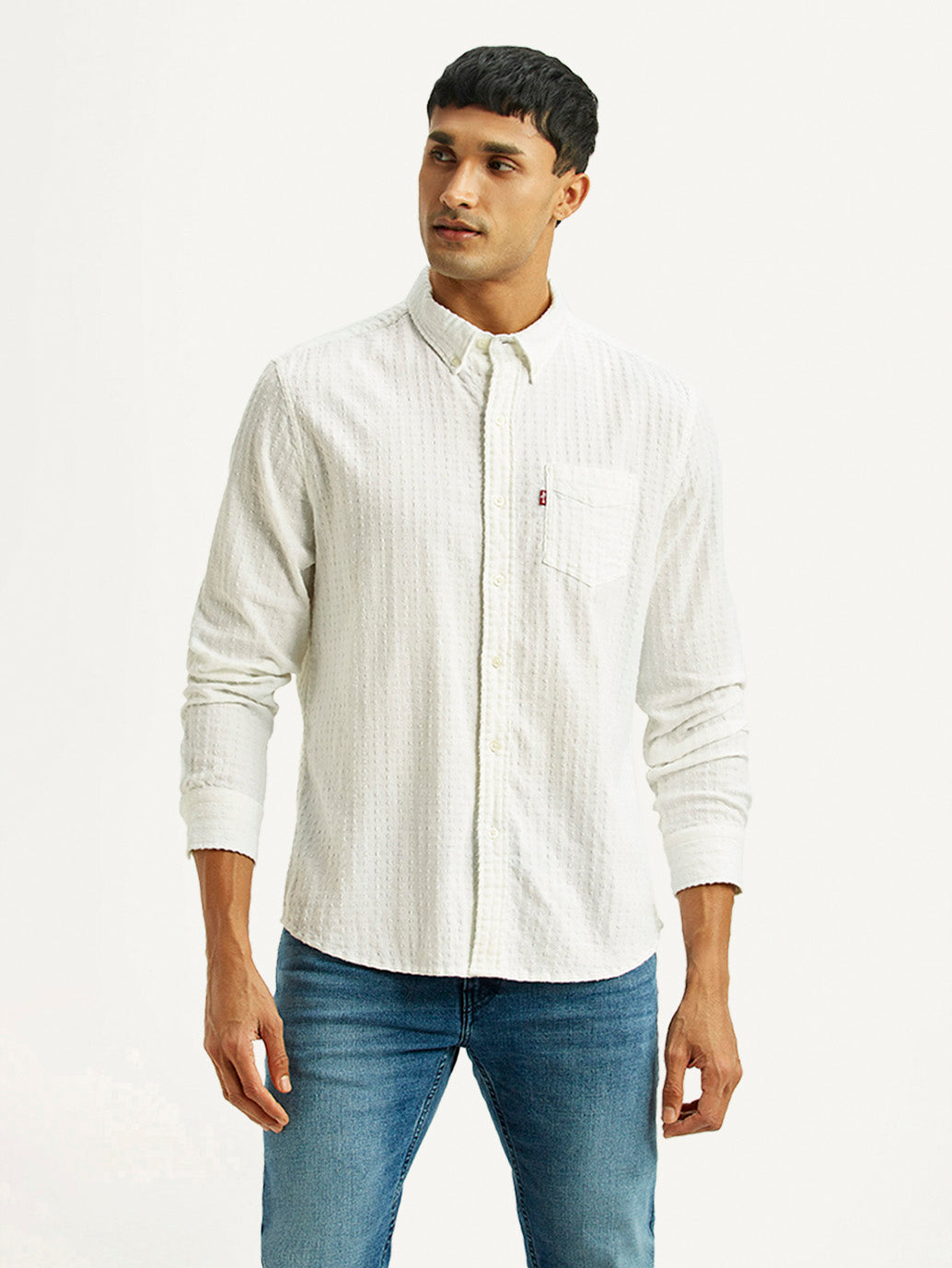 Men's Self Design White Slim Fit Shirt