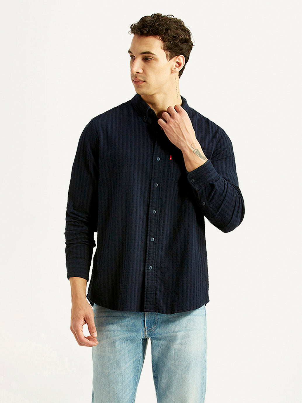 Men's Self Design Navy Slim Fit Shirt