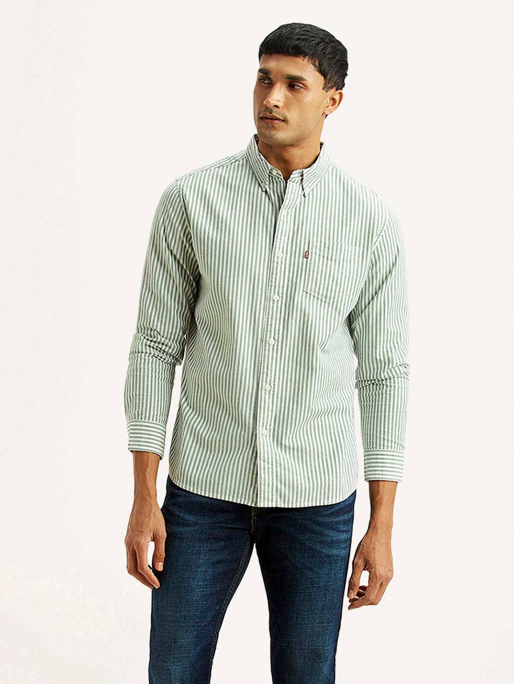 Men's Striped Light Green Slim Fit Oxford Shirt