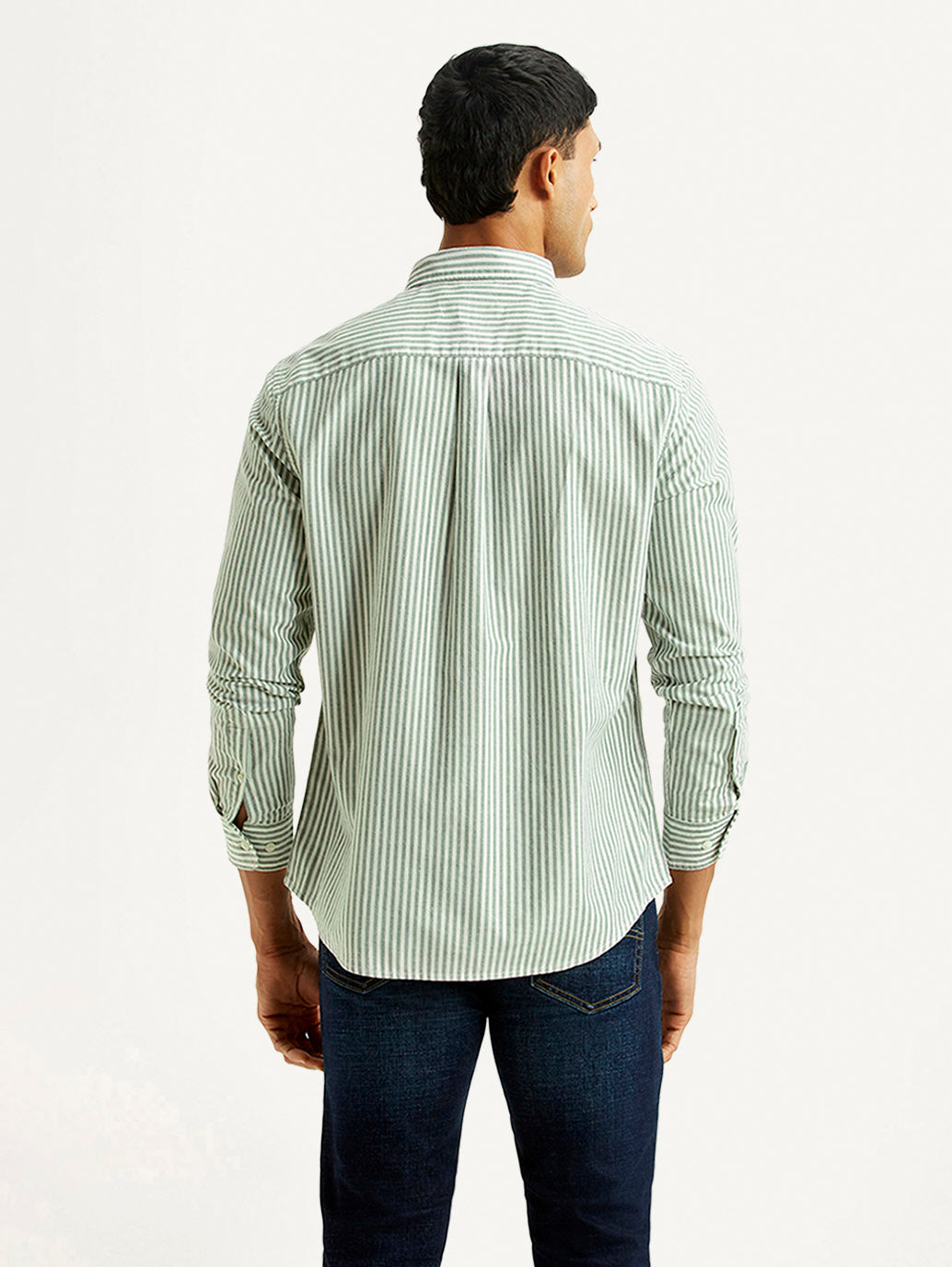 Men's Striped Light Green Slim Fit Oxford Shirt - Back View