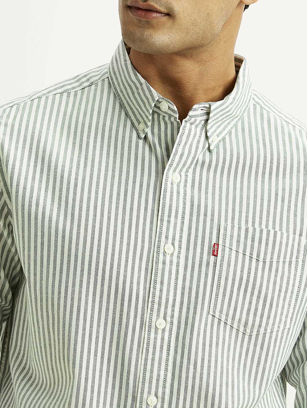 Men's Striped Light Green Slim Fit Oxford Shirt - Detail View