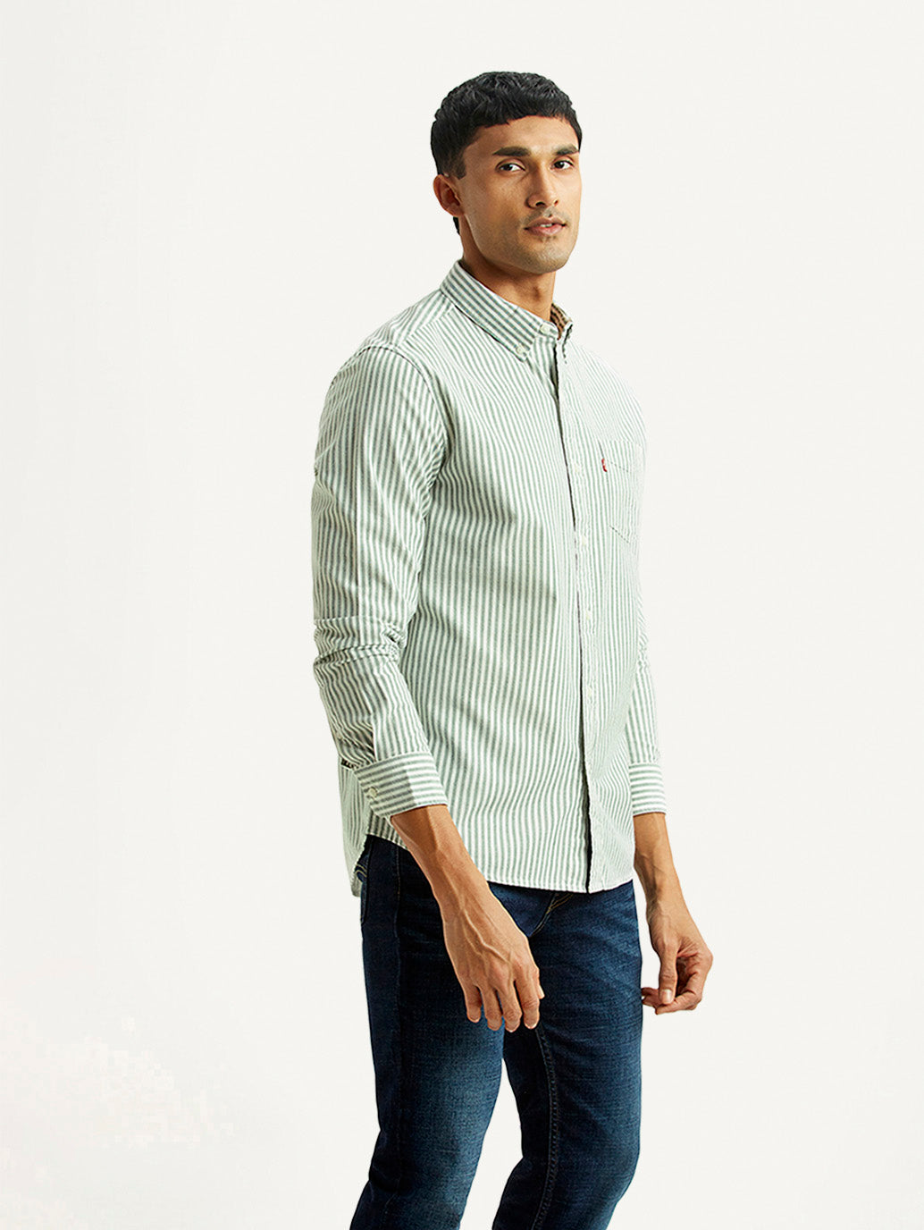 Men's Striped Light Green Slim Fit Oxford Shirt - Side View