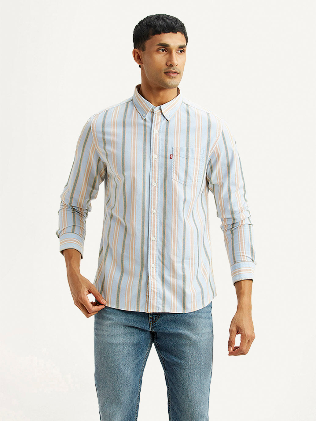 Men's Striped Light Blue Slim Fit Oxford Shirt - Front View
