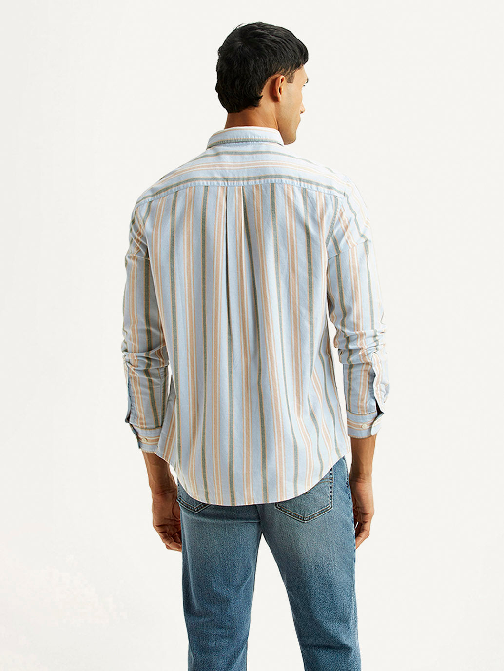 Men's Striped Light Blue Slim Fit Oxford Shirt - Back View