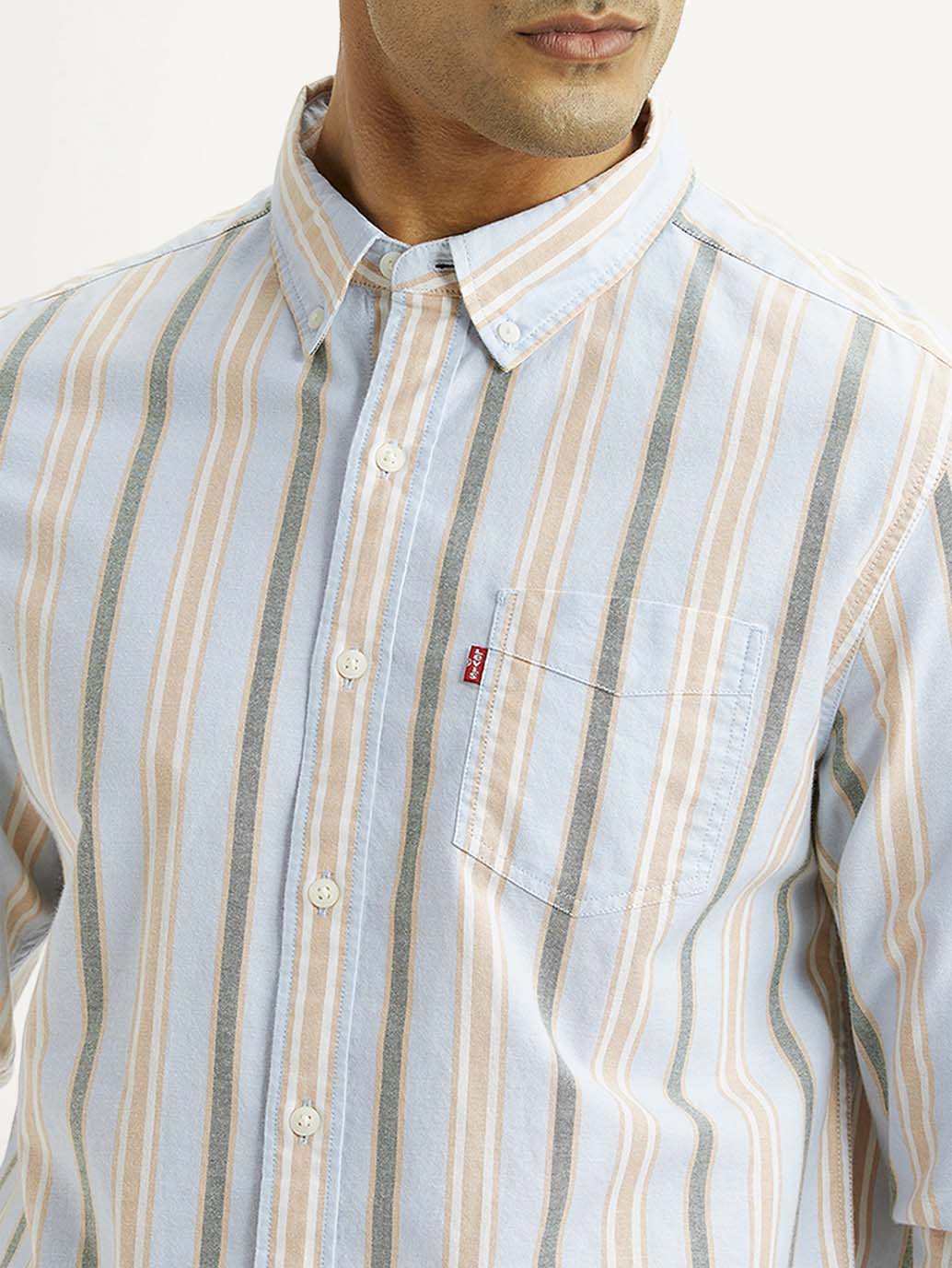 Men's Striped Light Blue Slim Fit Oxford Shirt - Detail View