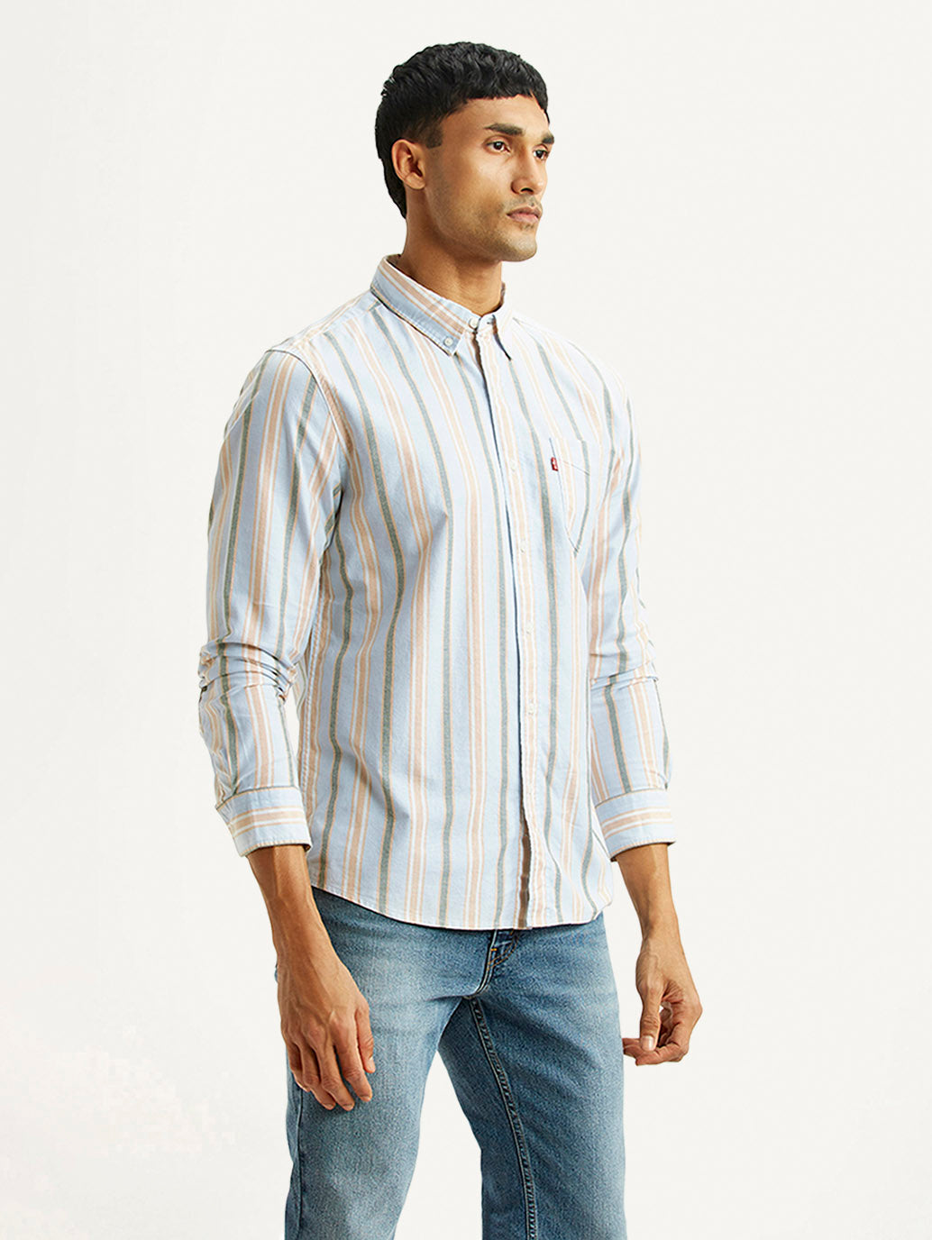 Men's Striped Light Blue Slim Fit Oxford Shirt - Side View