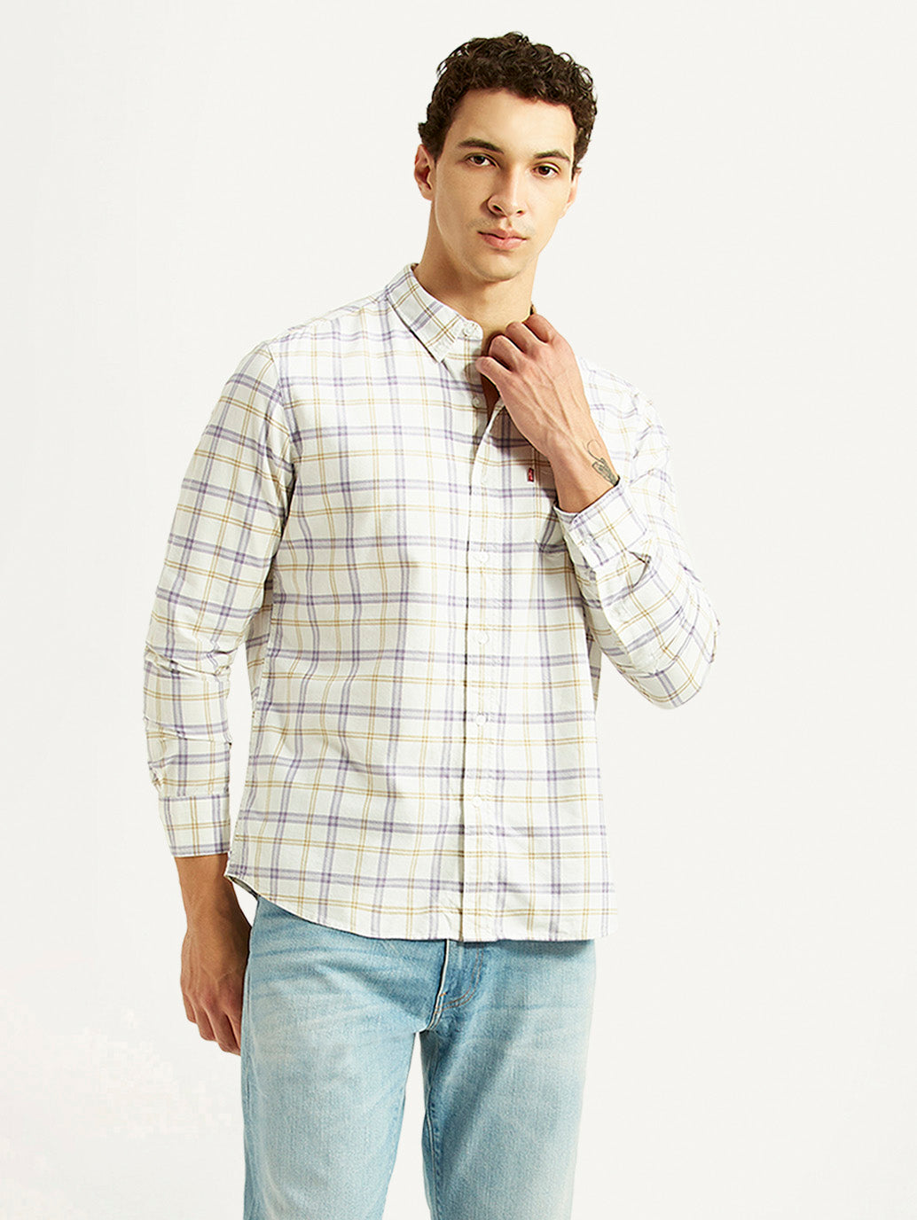 Men's Checkered Off-White Slim Fit Oxford Shirt