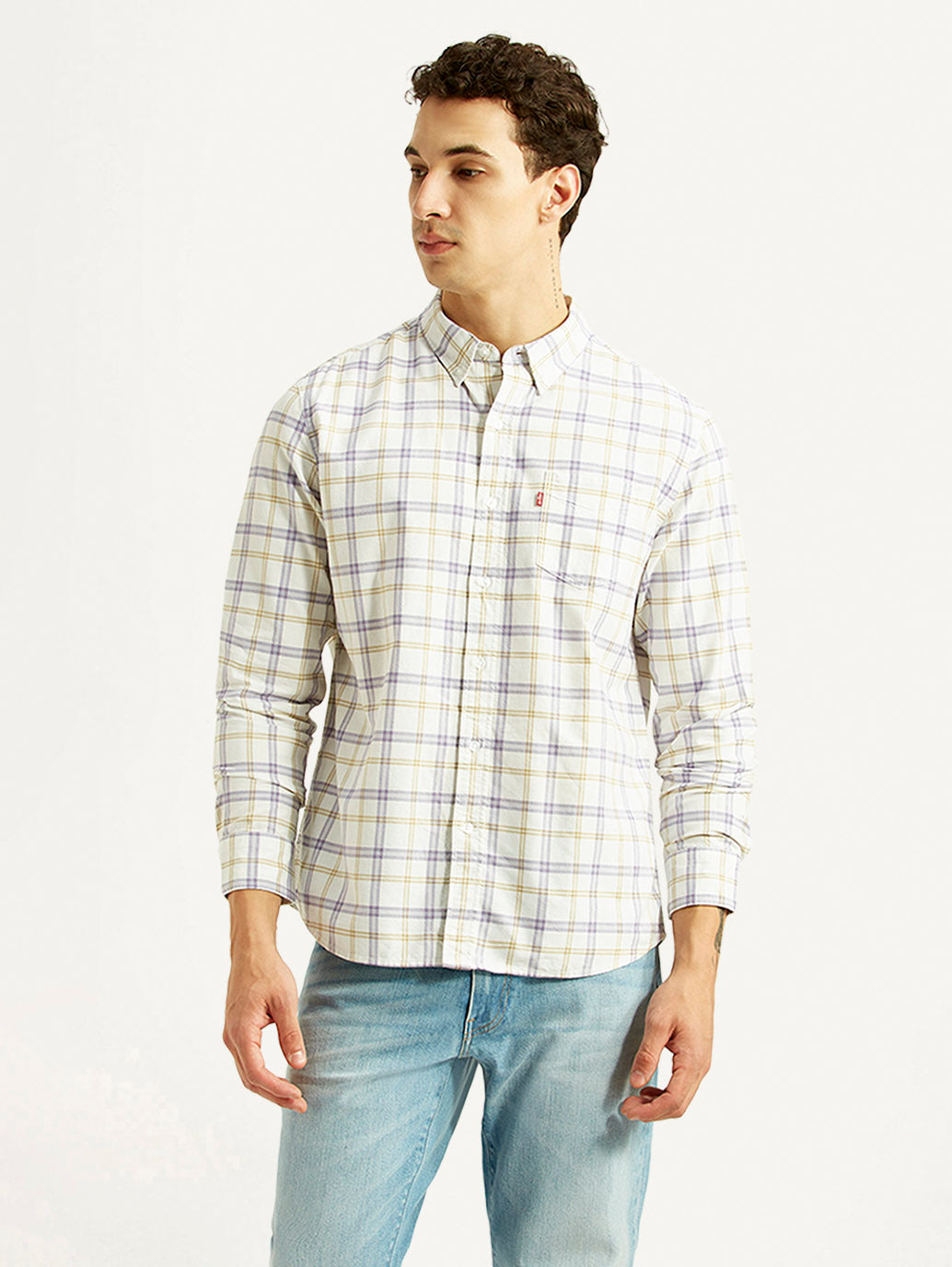 Men's Checkered Off-White Slim Fit Oxford Shirt - Front View