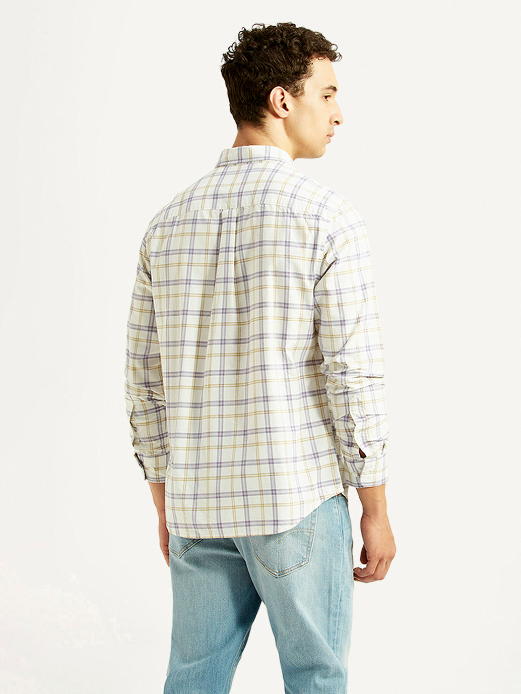 Men's Checkered Off-White Slim Fit Oxford Shirt - Back View