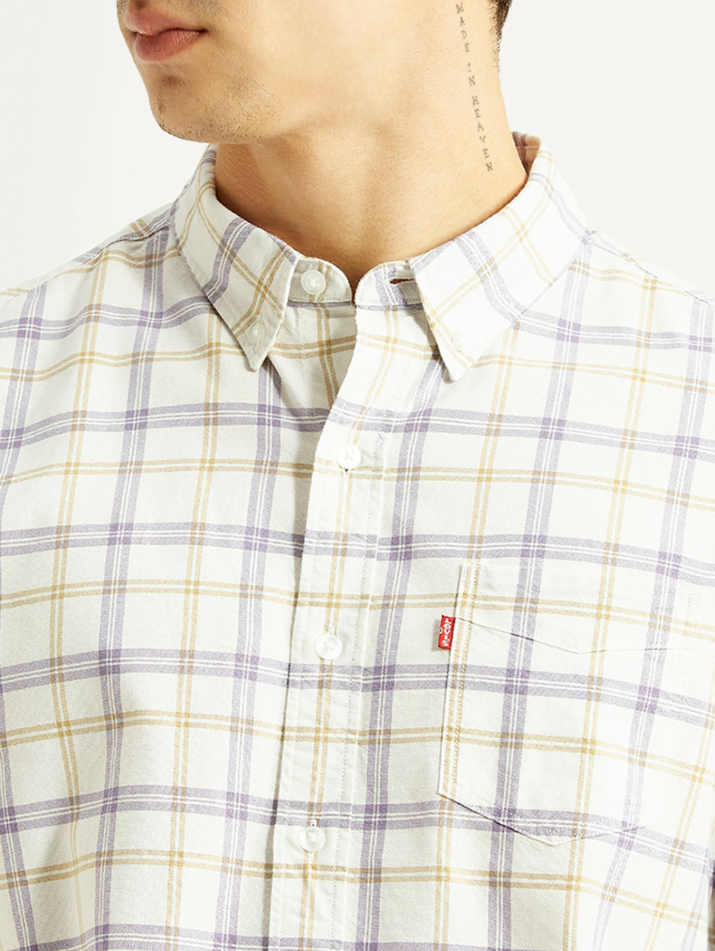Men's Checkered Off-White Slim Fit Oxford Shirt - Detail View