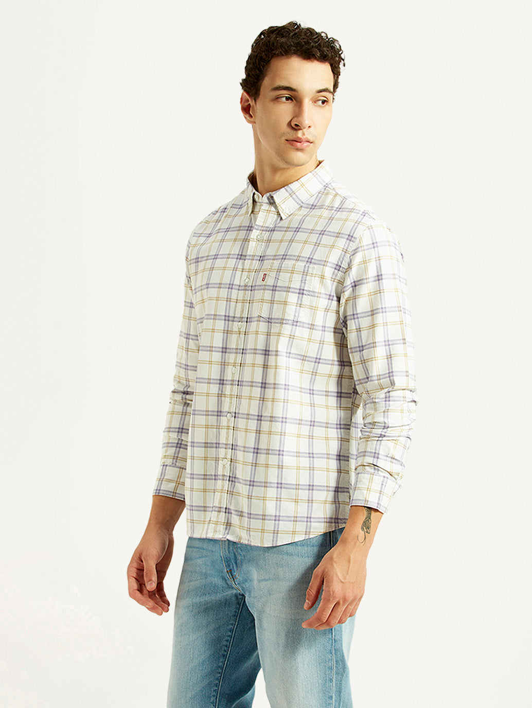 Men's Checkered Off-White Slim Fit Oxford Shirt - Side View