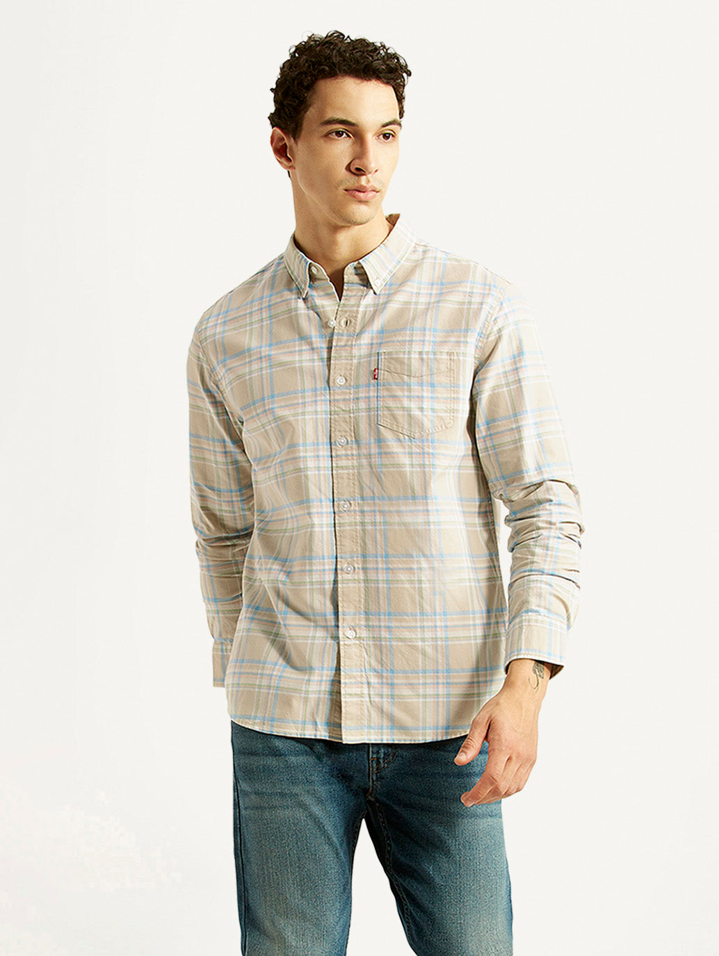 Men's Checkered Beige Slim Fit Oxford Shirt