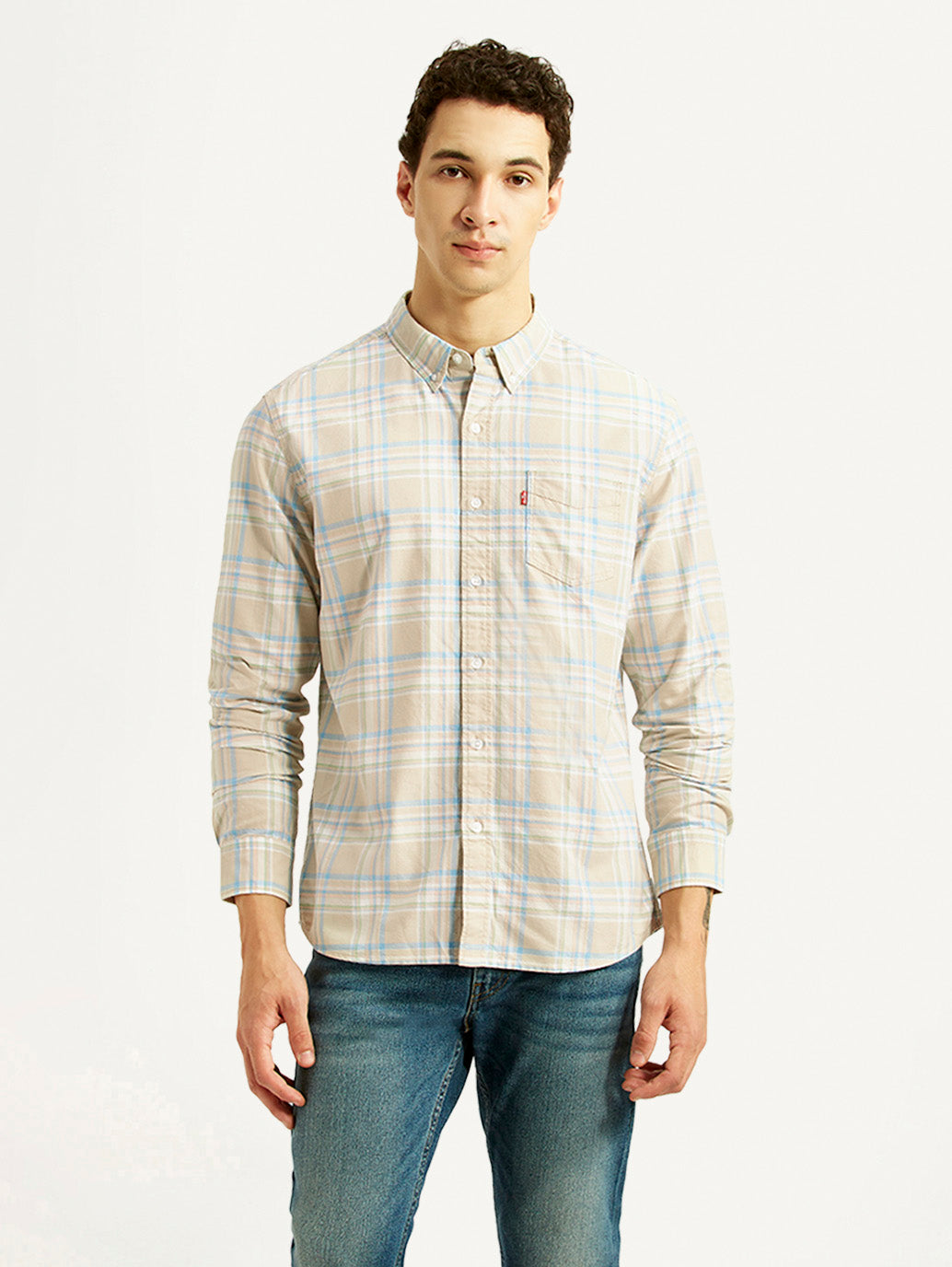 Men's Checkered Beige Slim Fit Oxford Shirt - Front View