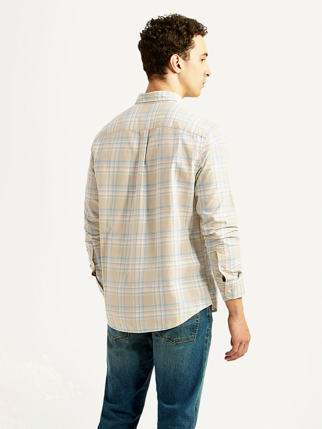 Men's Checkered Beige Slim Fit Oxford Shirt - Back View
