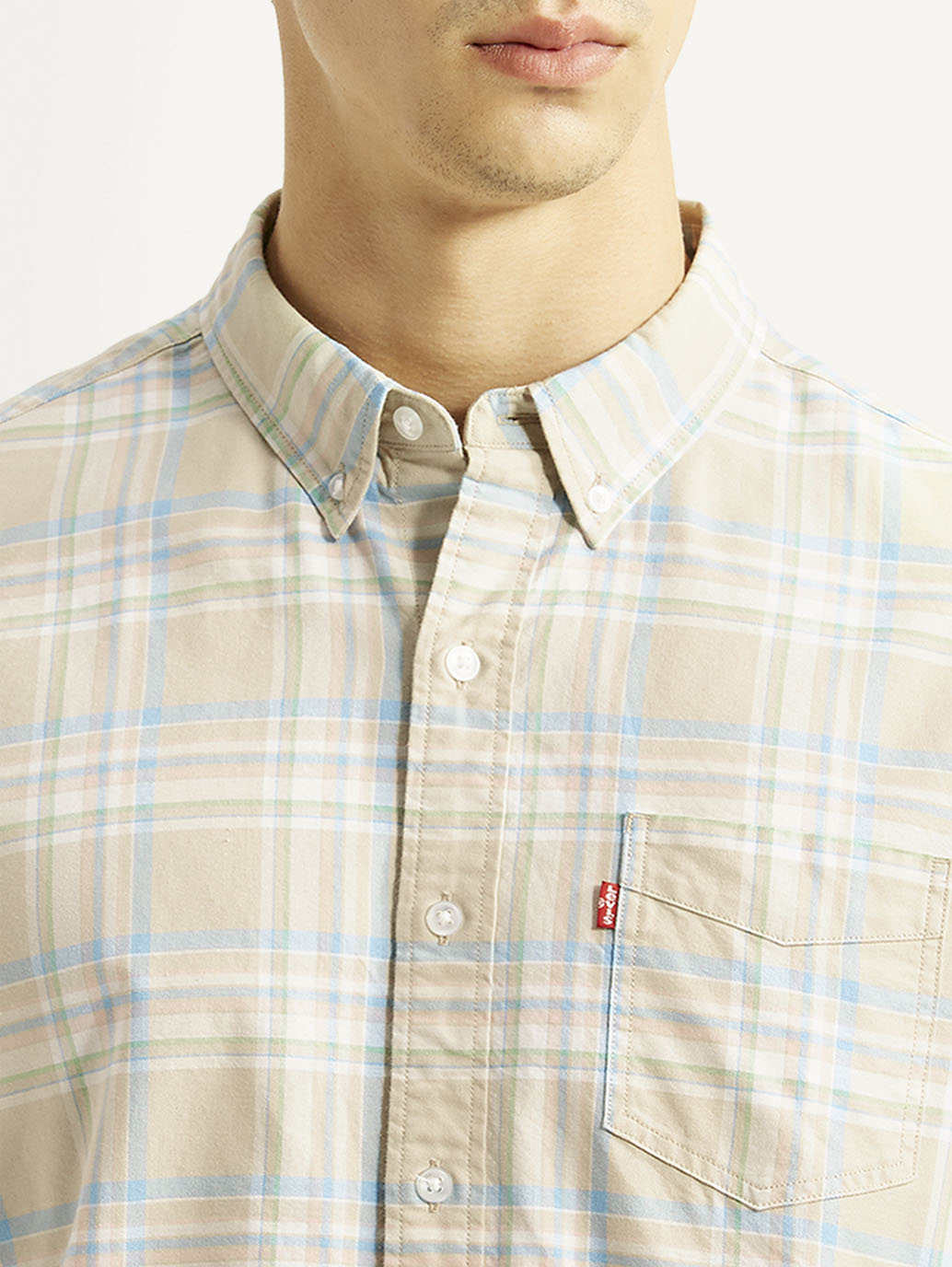 Men's Checkered Beige Slim Fit Oxford Shirt - Detail View