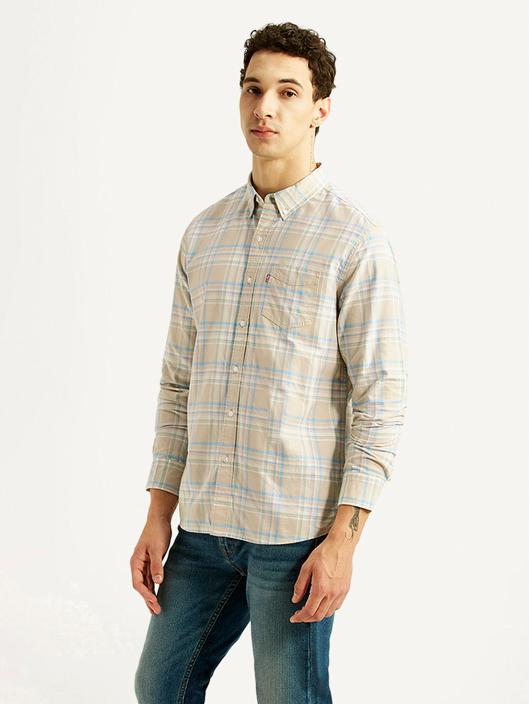 Men's Checkered Beige Slim Fit Oxford Shirt - Side View