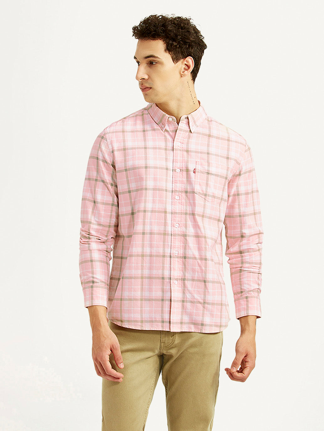Men's Checkered Pink Slim Fit Oxford Shirt - Front View