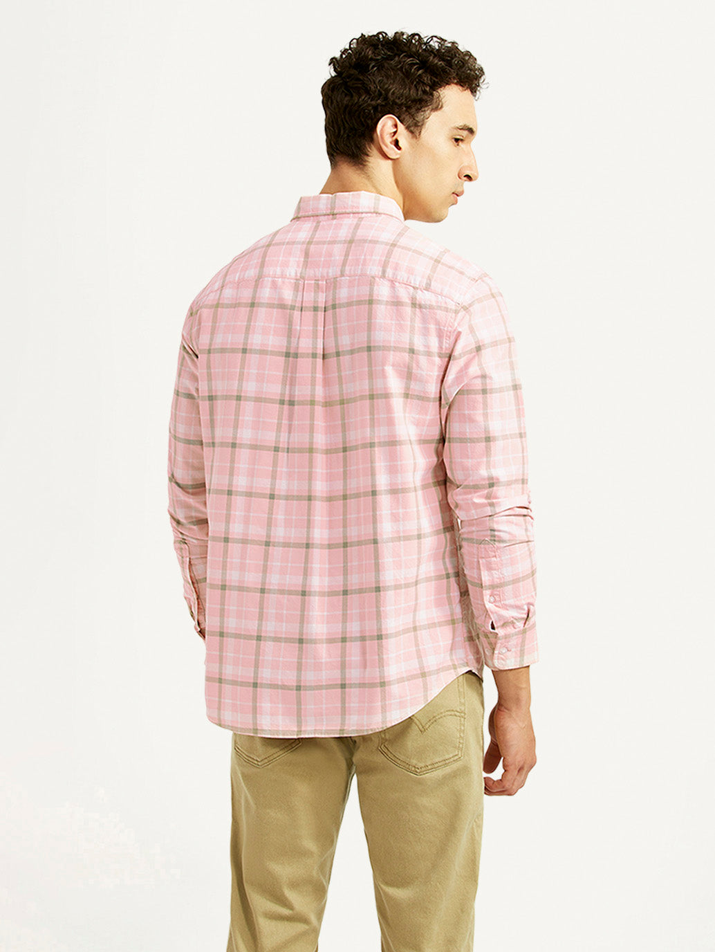 Men's Checkered Pink Slim Fit Oxford Shirt - Back View