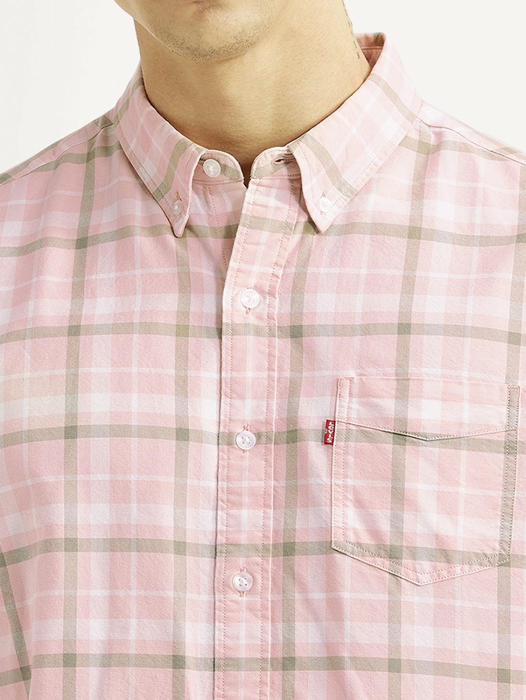 Men's Checkered Pink Slim Fit Oxford Shirt - Detail View