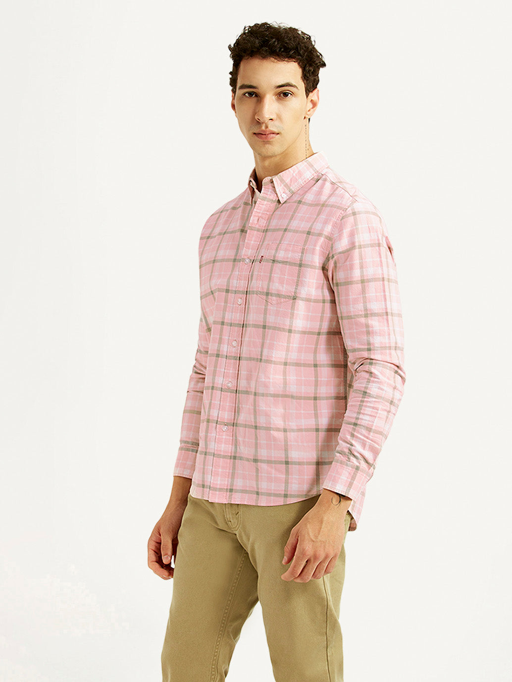 Men's Checkered Pink Slim Fit Oxford Shirt - Side View
