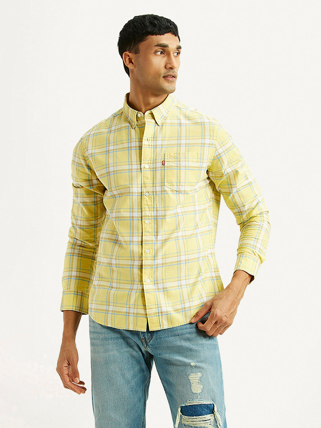 Men's Checkered Yellow Slim Fit Oxford Shirt - Styleshot View