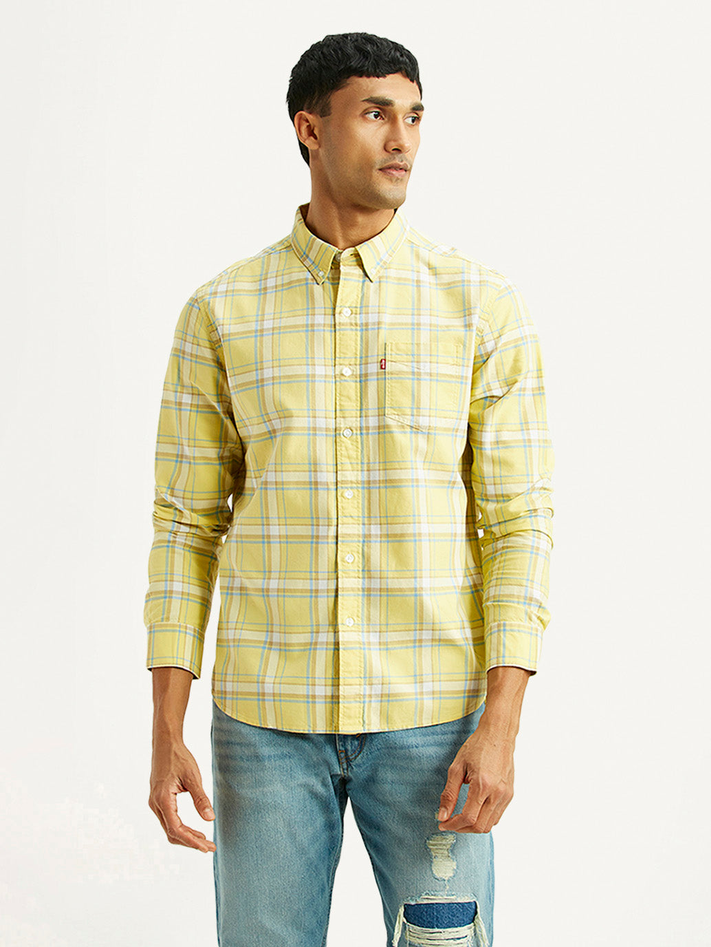 Men's Checkered Yellow Slim Fit Oxford Shirt