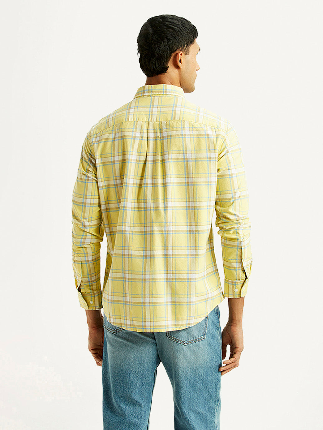 Men's Checkered Yellow Slim Fit Oxford Shirt - Back View