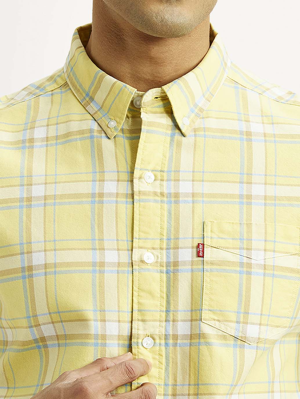 Men's Checkered Yellow Slim Fit Oxford Shirt - Detail View