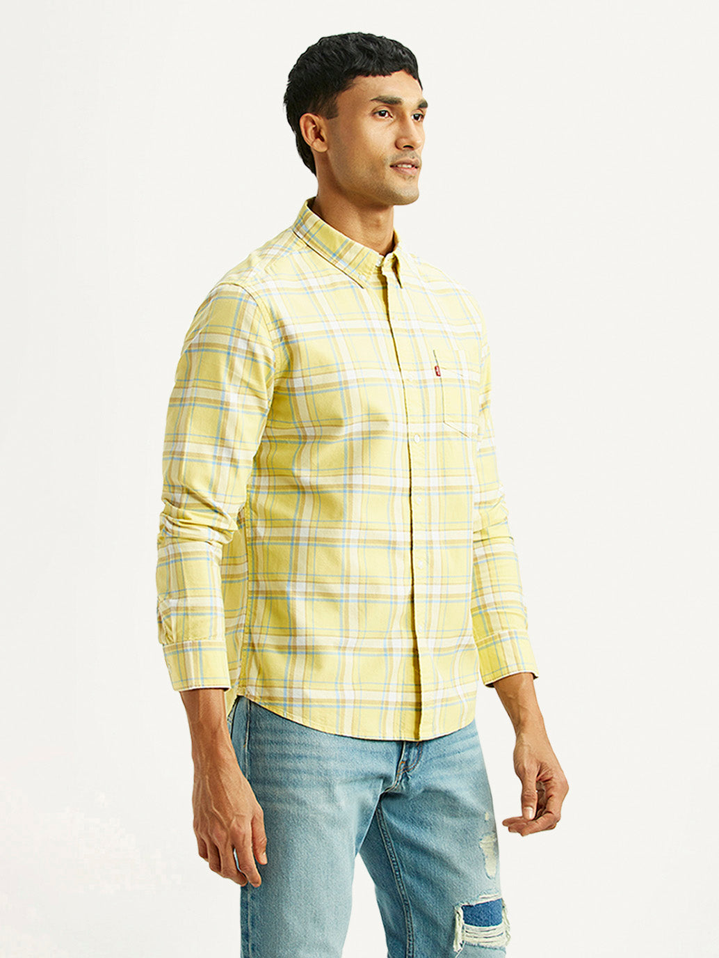 Men's Checkered Yellow Slim Fit Oxford Shirt - Side View