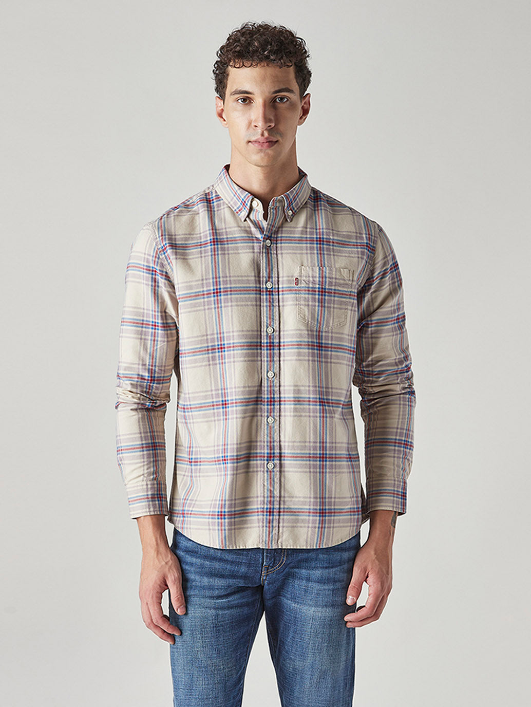 Men's Checkered Slim Fit Oxford Shirt - Front View