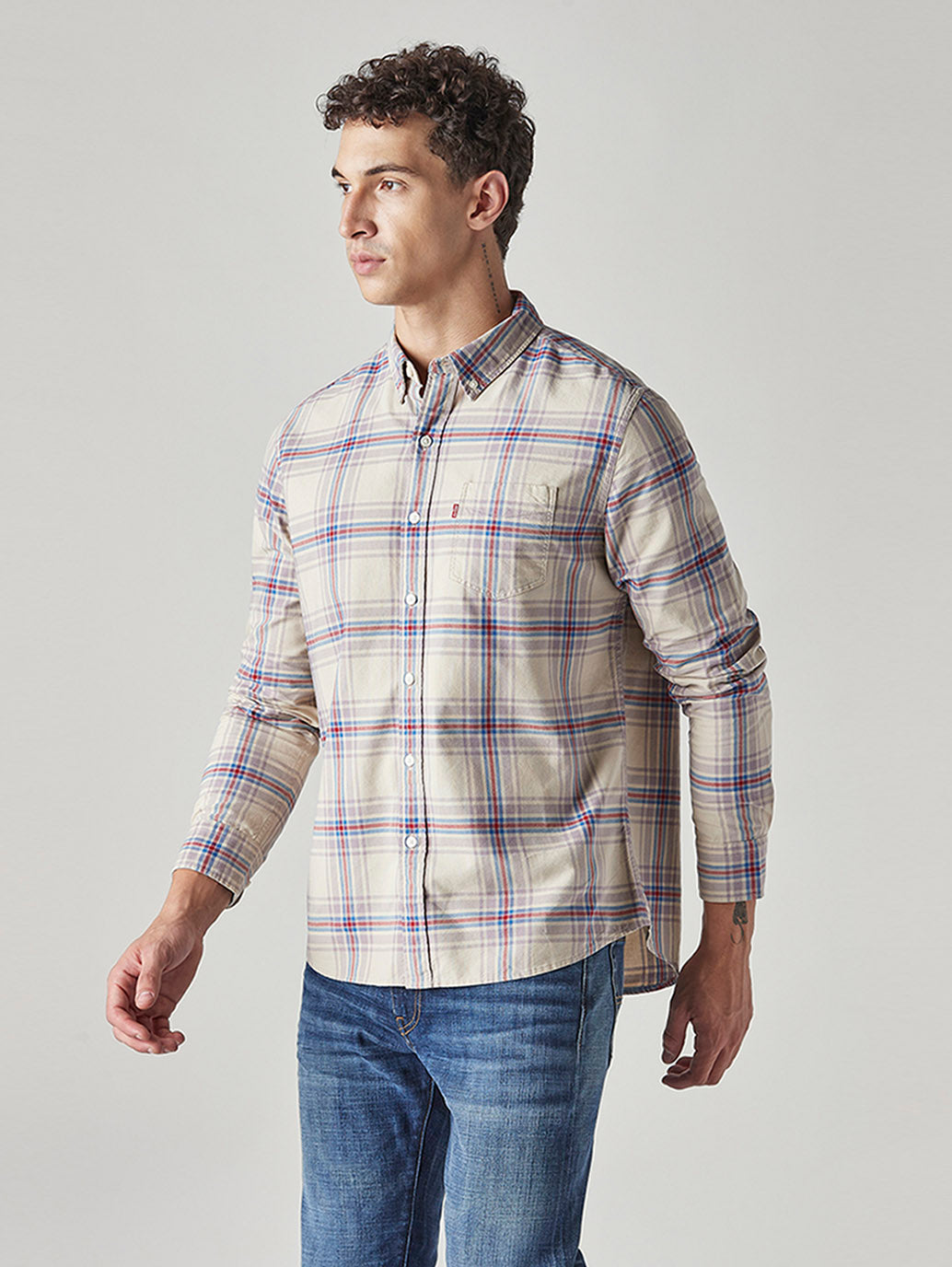 Men's Checkered Slim Fit Oxford Shirt - Side View