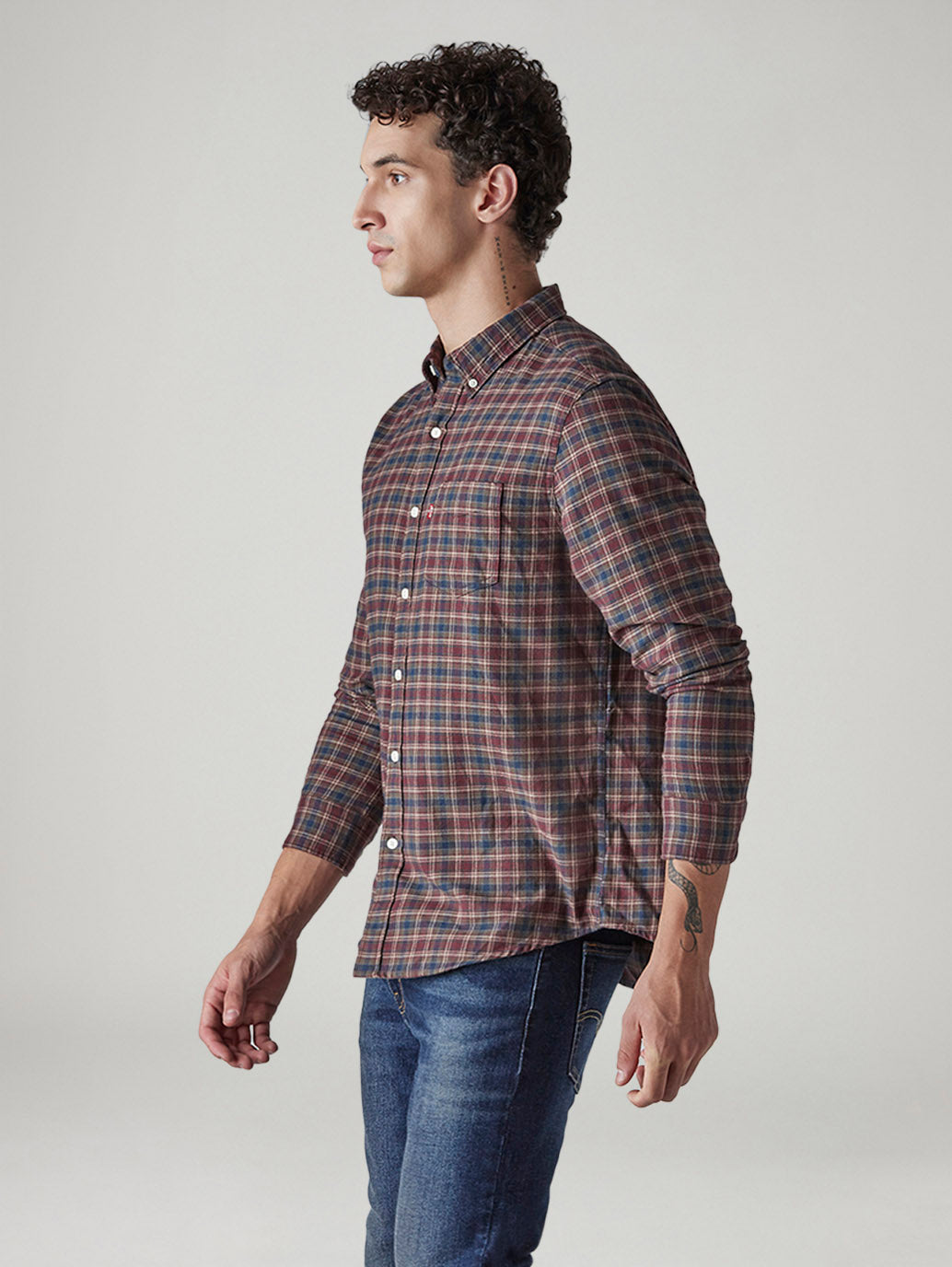 Men's Checkered Slim Fit Flannel Shirt - Side View