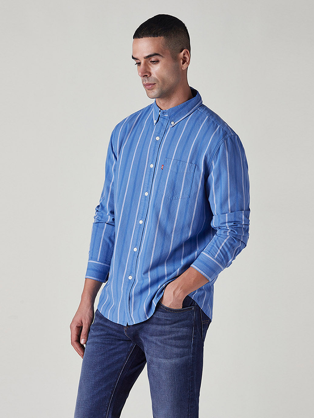 Men's Striped Slim Fit Textured Shirt - Side View