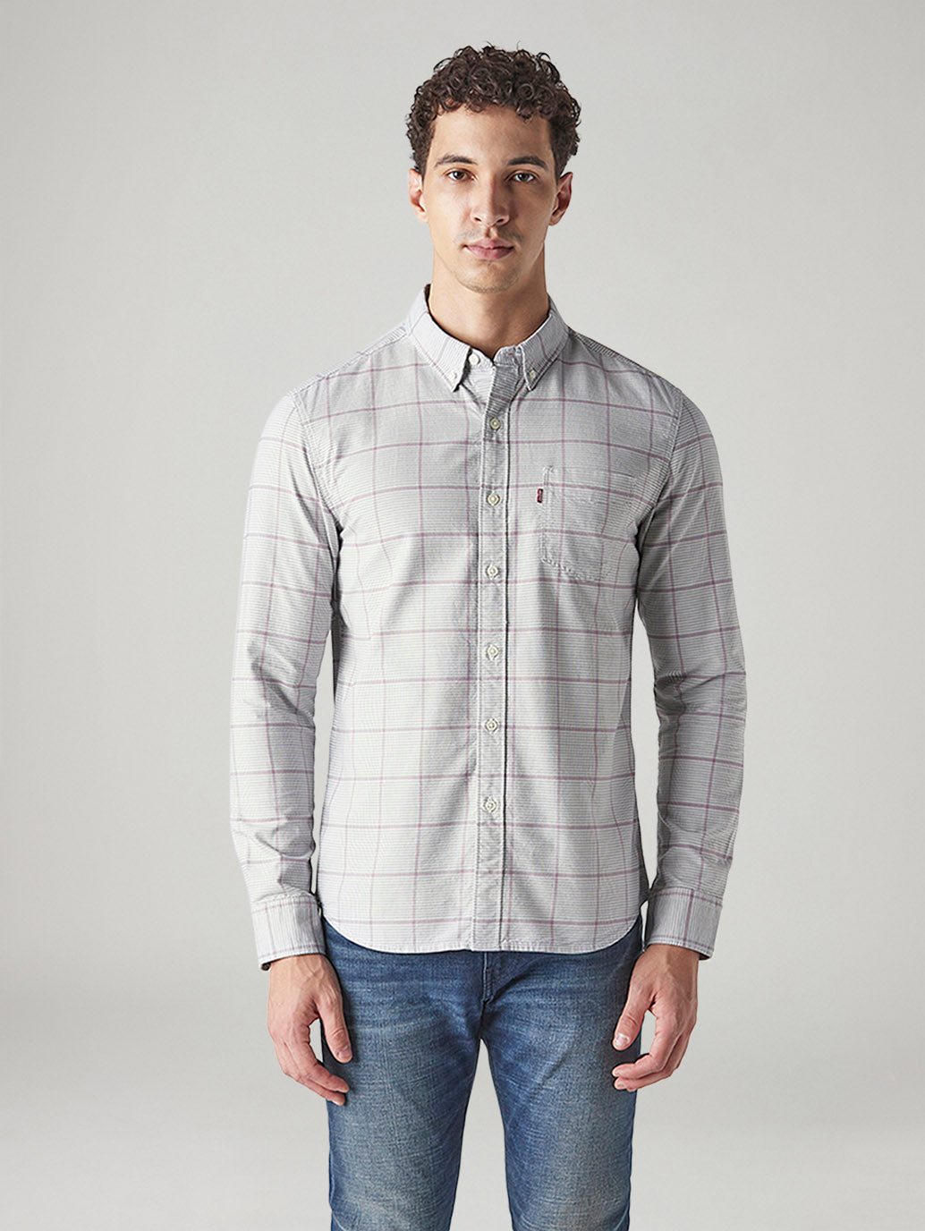 Men's Checkered Relaxed Fit Oxford Shirt - Front View