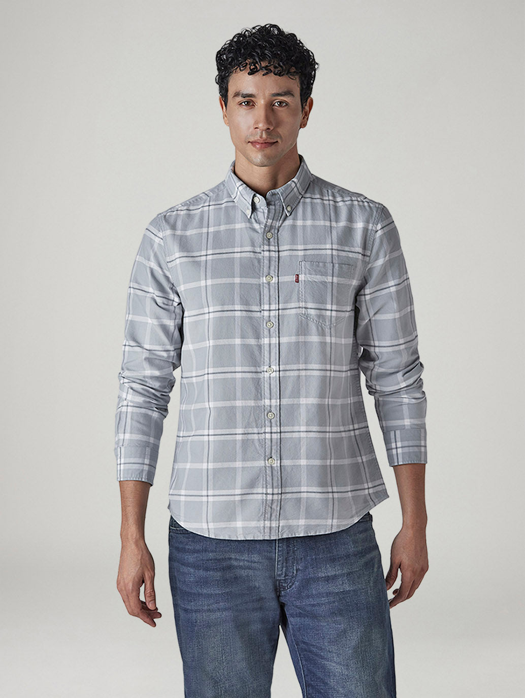 Men's Checkered Relaxed Fit Oxford Shirt - Front View