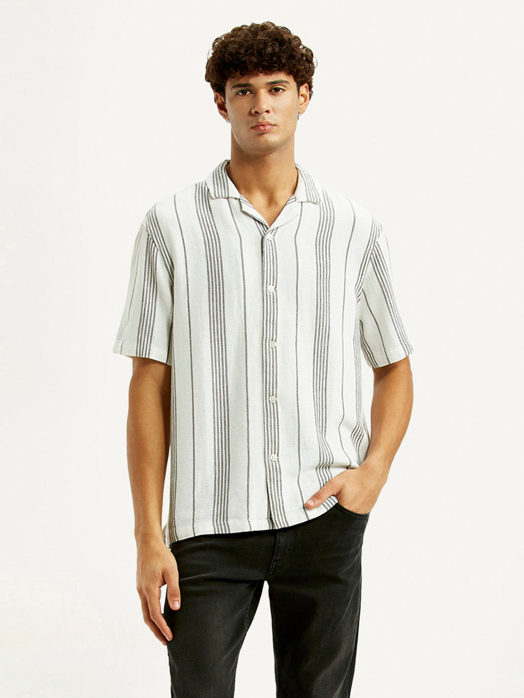 Men's Striped White Relaxed Fit Camp Shirt - Styleshot View