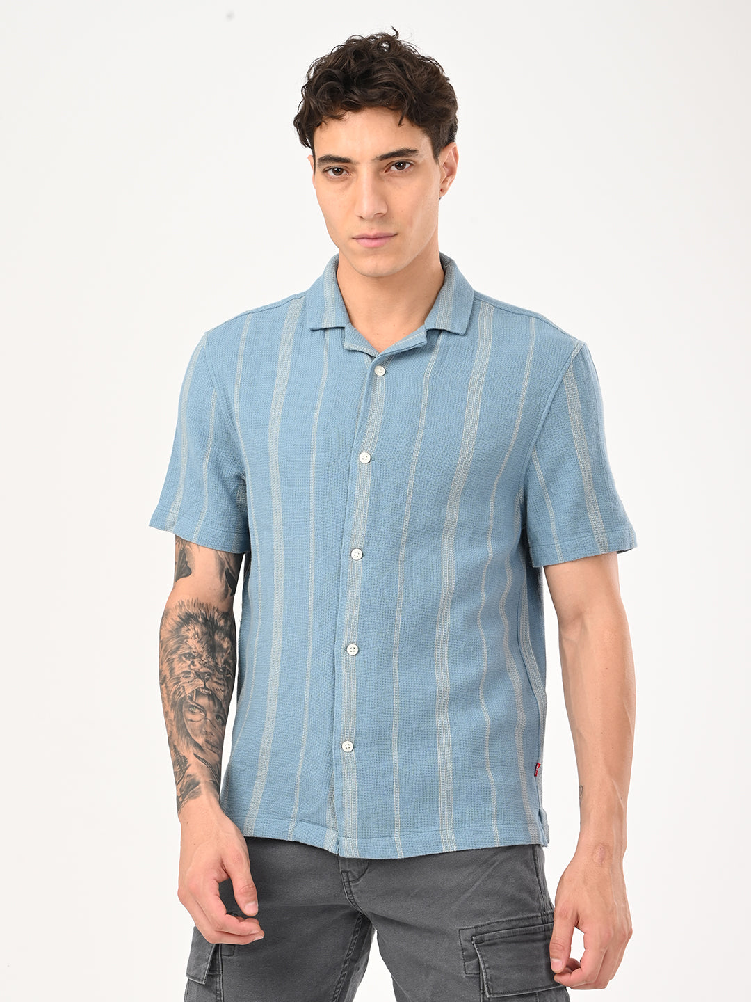 Men's Striped Slim Fit Resort Collar Shirt - jpg View