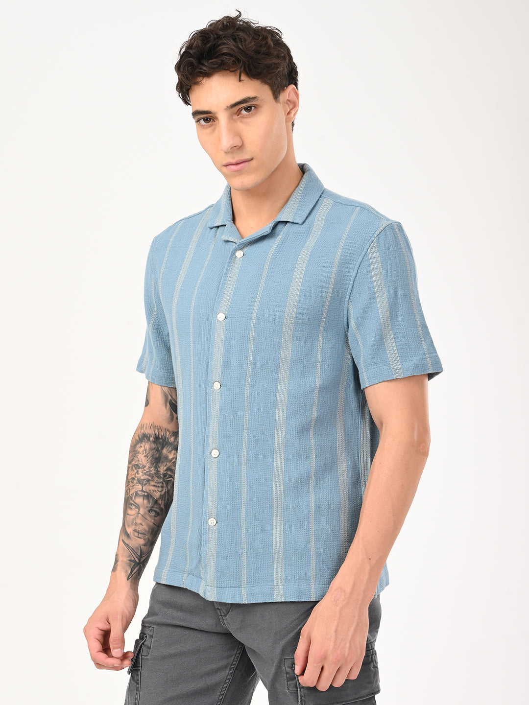 Men's Striped Slim Fit Resort Collar Shirt - jpg View